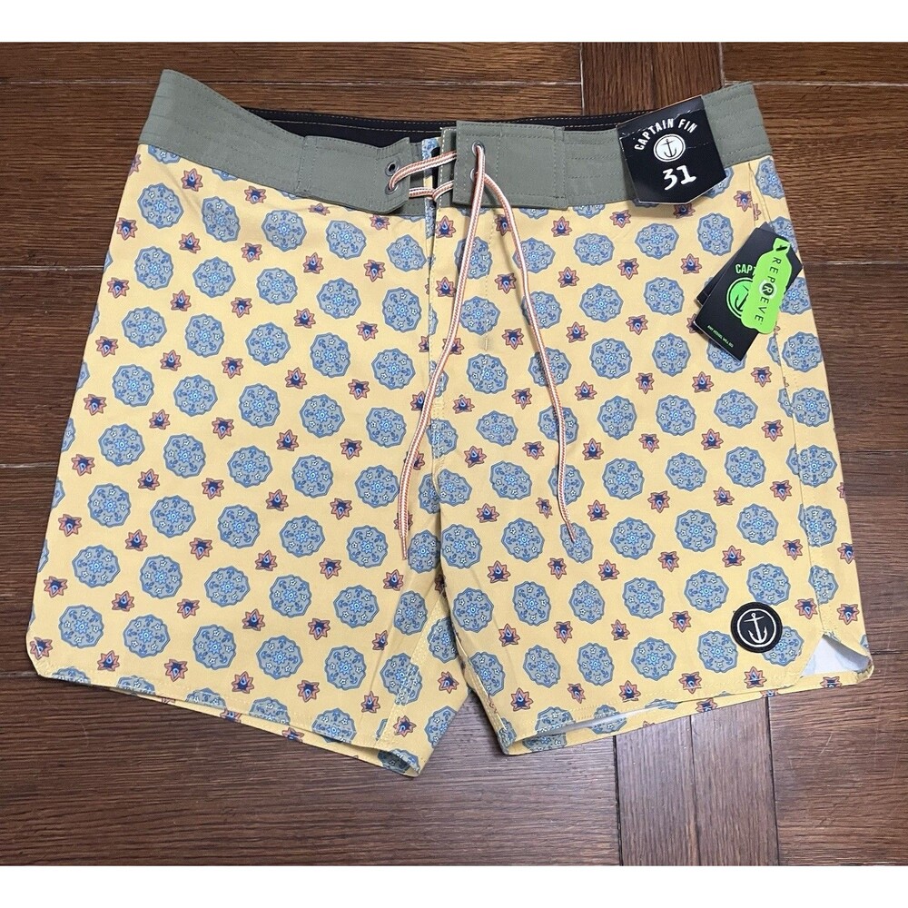 Captain Fin Voyager Paisley Boardshort Mineral Yellow Mens Size 31 NWT Swim